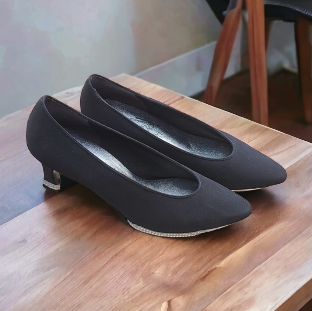 VINTAGE SAUGUS Black Neoprene Rhinestone Wrapped Heels 9 Wedding Pumps Shoes - Picture 6 of 15
